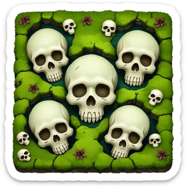A creepy moss covered ground with skulls from a top down perspective. In the style of your bleeding skull art. sticker
