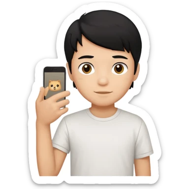 generate a pretty bratz emoji of a boy with black hair wearing a white tshirt and holding a cTCAT sticker