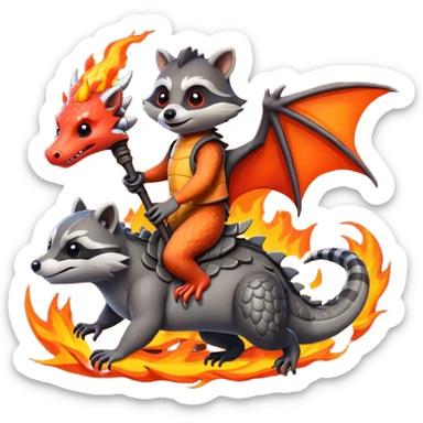 Raccoon with rise of castles game theme riding a dragon. Fire everywhere sticker