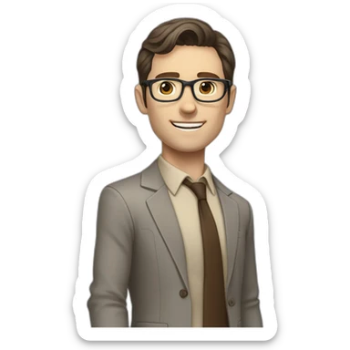Full height Pale skinned fit man with dark brown hair in gray jacket, beige office shirt, brown tie, brown pants and vintage glasses. His right hand stretched out sticker