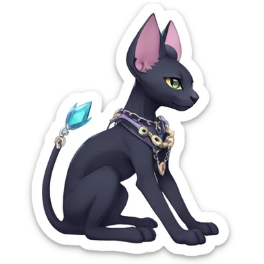 cool anthro punk kawaii edgy distinguished pretty elegant beautiful fantasy black ethereal nargacuga-Noivern-sphynx-Quiana-Fakemon collar harness chains necklace full body sticker