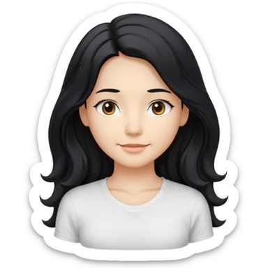 front-facing, chest-up portrait, symmetrical pose
long wavy black hair, glossy strands, slightly rounded volume, soft gentle smile, relaxed eyes, cute proportions
white T-shirt, minimal, pure white background, bright soft lighting, smooth plastic-like material, clean rende sticker