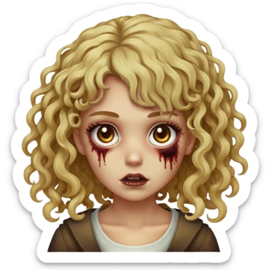 uma garota zumbi de cabelo cor loiro mel forte, olhos castanhos escuros, o cabelo dela é cacheado tipo 2C e ela tem uma franja cacheada, o cabelo dela é longo sticker