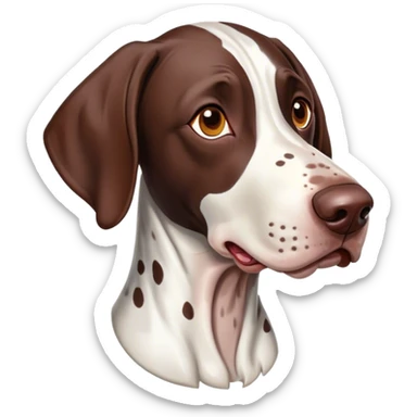 Cinematic Comical German Pointer Portrait Emoji, Head tilted dramatically with an exaggeratedly amused expression, featuring a striking liver and white coat with bold markings, wide, expressive brown eyes filled with playful disbelief, Simplified yet hilariously expressive features, highly detailed, glowing with a slightly sassy glow, high shine, dramatic yet playful, stylized with an air of cheeky charm, bright and endearing, soft glowing outline, capturing the essence of a spirited and over-the-top companion, so meme-worthy it feels like it could side-eye its way into internet fame instantly! sticker