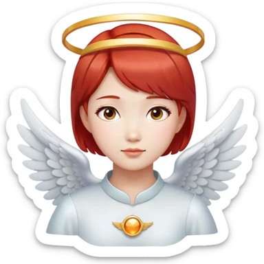 Asian angel girl with short red hair, oval face, and halo sticker