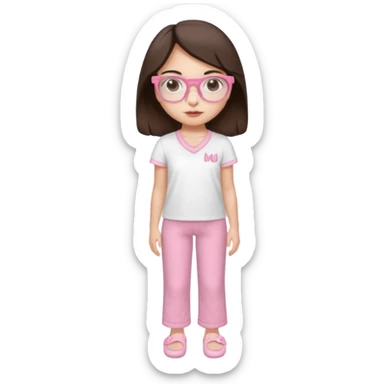 Girl with dark brown hair, light skin, brown eyes, wearing a miu miu glasses the brown ones, and wearing a top in white with a pair of pyjama pants in pink and a slipper in white  sticker