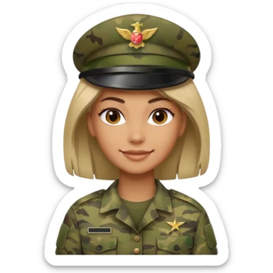 Female soldier emoji in Apple style, no cap/helmet, bust portrait, gentle smile, generic camo, hair visible, soft gradients, transparent PNG sticker