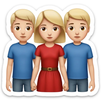 Apple iOS emoji style.
A girl holding hands with two boys at the same time, one on each side.
The girl has a suspicious, guilty expression, slightly turned eyes.
The boys look neutral and unaware.
Clean, minimal Apple emoji design, smooth gradients, rounded shapes. sticker