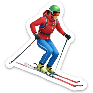 An icon featuring snowy peaks, pine trees, and a picturesque mountain landscape with a skier racing down a snow-covered slope. The sky is blue with soft clouds, capturing the thrill and beauty of alpine skiing. Transparent background highlights the excitement and serenity of winter sports. sticker