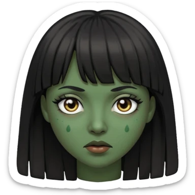 Mulher de franja cabelo preto pele verde bem escuro com a cara machucada com os olhos regalado fundo escuro cabelo longoo sticker