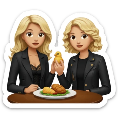 Love tan woman long wavy blonde hair and black lace  with short blonde man Brown shade jacket eating chick filet  sticker