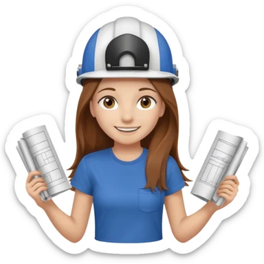 Waist-up girl on a white background wearing a brown Skims t-shirt. She has long, straight chestnut hair down to her waist. Brown eyes, long eyelashes, smiling with braces showing. White helmet with “BUT” written on it. Holding rolled-up blueprints. sticker