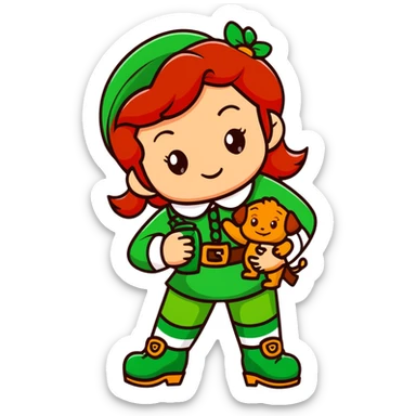 girl with red hair and brown eyes with a leprechaun sticker