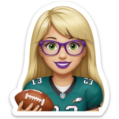 long blonde hair with bangs black rectangle glasses female green eyes football player wearing eagles uniform jersey number 33 holding football smiling purple lipstick sticker