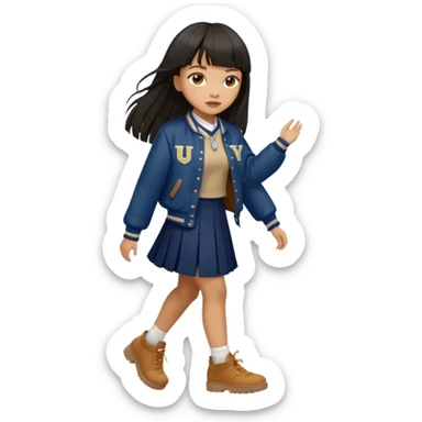 black color long hair with fringe, light skin long hair girl with brown varsity jacket,  navy long long skirt walking

 sticker