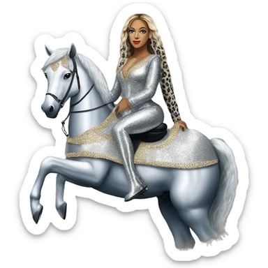 beyonce wearing silver crystal leopard riding silver sparkly horse renaissance album cover sticker