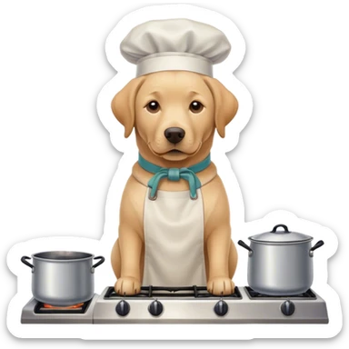 Handsome Labrador Retriever with apron standing over a hot stove with boiling pots  sticker