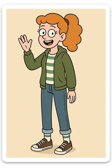 A girl Orange curly ponytail white green stripes ddre sshair jacket jeans blue sports striped socks brown converse women's chuck taylor all star shoreline slip on casual shoe wave and say hello sticker