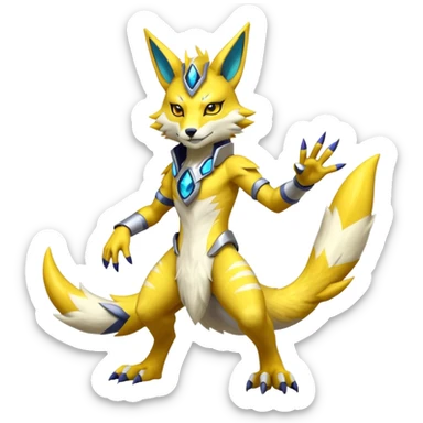 Modern anthropomorphic furry futuristic shiny colorful Lombax-Zeraora-Renamon-fusion (full body) sticker