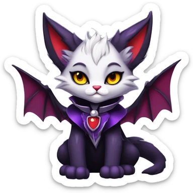 Anthro-Cute-Edgy-Cool-Vampiric-Batty-Cat-Black-Purple-Red-Grey-White-Yellow-Contrast-Colors-Fantasy-Fur-Sona-Chibi-Shiny-Fakémon-Hybrid with horns and fangs and collar full body sticker