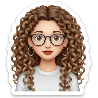 cute whilte girl with not volominous VERY LONG curly hair with balayage, brown eyes, full lips, natural clean girl makeup and hoop earrings and glasses sticker