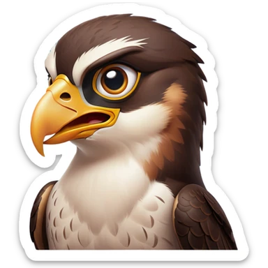 Cinematic Comical Falcon Portrait Emoji, Head tilted dramatically with an exaggeratedly shocked expression, featuring a sharply defined beak and wide, comically expressive eyes full of playful disbelief, Simplified yet hilariously expressive features, highly detailed, glowing with a slightly sassy glow, high shine, dramatic yet playful, stylized with an air of cheeky aerial mischief, soft glowing outline, capturing the essence of a meme-worthy falcon that looks ready to side-eye its way into viral fame! sticker