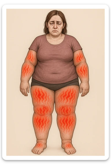 "Woman with lipedema experiencing constant burning and aching pain in disproportionately swollen legs and arms, pain radiating through enlarged fat deposits shown as red heat signatures, expression of chronic suffering and exhaustion, normal daily activities becoming torture due to inflammatory adipose tissue, pain levels fluctuating unpredictably throughout the day" scritte in italiano sticker