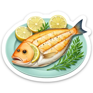 Draw a grilled fish fillet on a plate with lemon slices & herbs. sticker