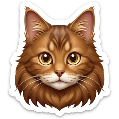 cinematic-cute brown-maine-coon-cat-portrait-emoji,-head-tilted-playfully-and-inquisitively,-sleek--brown-and-gold-tones-with-hints-of-deep-auburn-fur,-simplified-yet-adorable-features,-highly-detailed,-glowing-with-a-warm,-friendly-glow  sticker