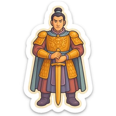 Make a full-length general with normal leg proportions, facing forward as in the reference. Use retro sticker style with high detail, pronounced shadows and highlights, clean lines, soft rounded shapes, and a pastel palette including #98B5BC, #B5B3C1, #C9A3C9, #E4C0CA, #F7DCD1, #F7C0AA. Transparent background. sticker