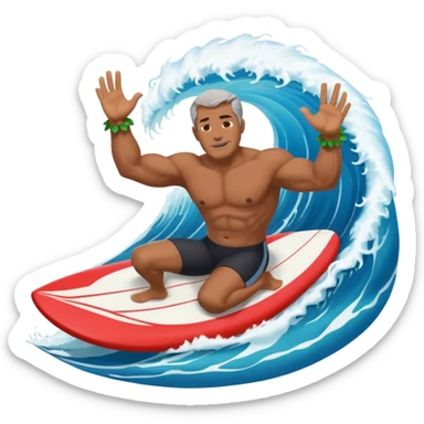 Dark muscular 50 year old man lei riding a big wave sticker