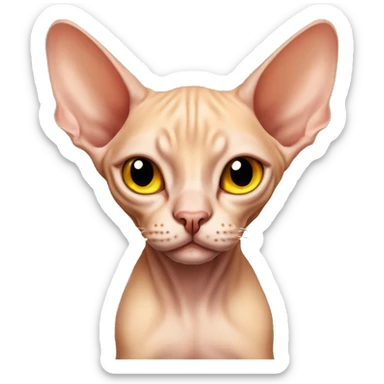 peach-colored Sphynx cat with yellow eyes and a big belly sticker