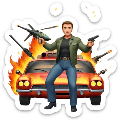 Icon for Action Movies: Arnold Schwarzenegger in the lead role, in an intense action pose with weapons, explosions, a car and helicopter flying out of flames in the background. The design should capture the explosive energy and heroism of classic action films. Transparent background. sticker