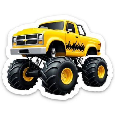 Maximum Destruction - Monster Jam (Model Year: 2021) (Iconic colour: Yellow with black flames) - A ferocious monster truck featuring a vivid yellow base accented by dramatic black flame patterns. Emphasize sharp, high-contrast flame streaks across the body, creating a look of aggressive, explosive energy. sticker