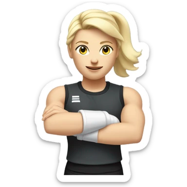 Close up Actively gesturing  with hands Pale skinned Fit woman With the biceps and blonde hair in dark gray Sleeveless Mike, black sports shorts, watch and white Sneakers sticker