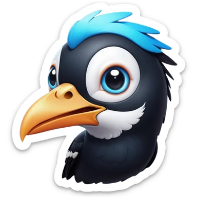 Cinematic Comical Magpie Portrait Emoji, Head tilted dramatically with an exaggeratedly shocked expression, featuring a vibrant, glossy form with wide, comically expressive eyes full of playful disbelief and a subtly animated beak, Simplified yet hilariously expressive features, highly detailed, glowing with a slightly sassy urban glow, high shine, dramatic yet playful, stylized with an air of cheeky mischief, soft glowing outline, capturing the essence of a meme-worthy magpie that looks ready to side-eye its way into viral fame! sticker