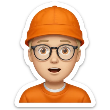 white young man in glasses with an orange cap, surprised expression sticker