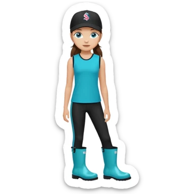 A landscaper in a beautiful turquoise longsleve and turquoise rubber boots, black pants, and a black sleeveless shirt. On her head is a black color Swissotel baseball cap. The girl is a brunette with blue eyes. sticker