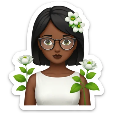 Genera a una chica morena de piel con pelo negro y lentes con vestido blanco y con flores verdes.  sticker