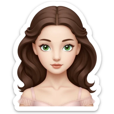 Cinema Realistic Ballerina Portrait, with porcelain-like skin featuring a natural rosy flush, illuminated by soft lighting that highlights the gentle contours of her face. Her Brunette hair flows in soft.Her deep green light eyes radiate framed by arched brows and long lashes. sticker