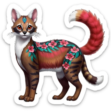 Colorful dark tropical dark-red, black, white iridescent glorious divine exotic cute cool beautiful shiny beautiful floral fantasy-caracal-civet-genet-sergal-vernid-Cacomistle-oncilla-animal-Fakémon-hybrid-fursona with pattern markings (full body) sticker