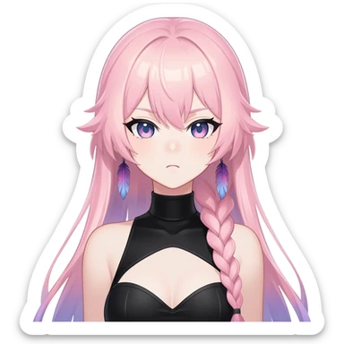 Citlali from Genshin Impact; Gorgeous beautiful pretty grumpy anime lady long-pale-whitish-pastel-pink-hair with one braid on each side, hanging gradient-purple-pink feather-ear-cuffs on each side in hair, black bodysuit covering neck, blue eyes, pink iris, ethereal, fashion aesthetic  sticker
