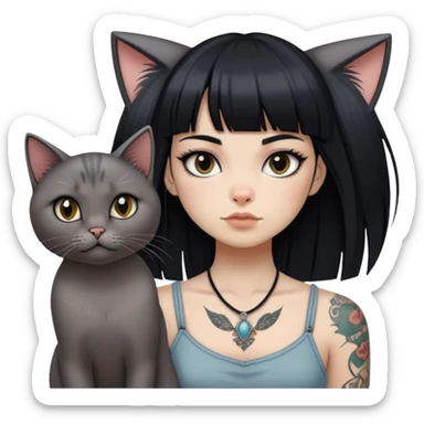 girl with long black  straight bangs hair and tattoos and a grey-shared cat sticker