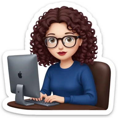 a white young woman with very long wavy dark brown/chocolate hair with curls at the end of her long hair typing in a computer. she's using round glasses, her lips are light red and her cheeks slightly pink. Her eyes are dark brown. She's using a dark blue knit sweater  sticker