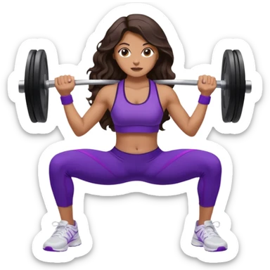 mujer de tez trigueña, con cabello castaño oscuro ondulado con pequeñas ondas, con el cabello super largo hasta las rodillas estilizado, con ropa deportiva morada/lila, tenis blancos deportivos y levantando una pesa sticker