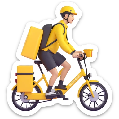 A courier on a yellow electric bike, wearing yellow and black clothes rides from left to right. On his back is a yellow food delivery bag. sticker