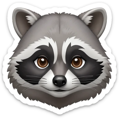 Cinematic-Noble-Raccoon-Portrait-Emoji – Poised and confident, with a sturdy build and a beautifully textured fur of silver-grey accented by dark black facial markings, deep-set, intelligent brown eyes, simplified yet sharp and sophisticated zoom out to show shoulders sticker