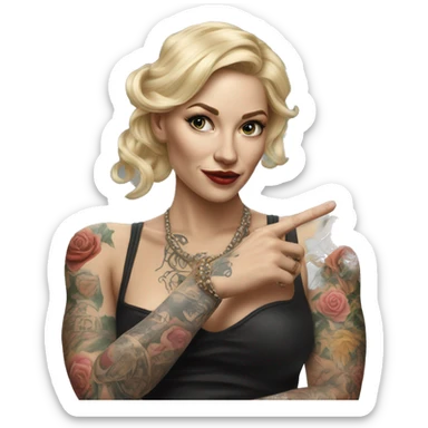 Blonde elegant women, her Body Covered with Tattoos, POINTING to YOU FORWARD with her ONE HAND , Hyper realistic sticker