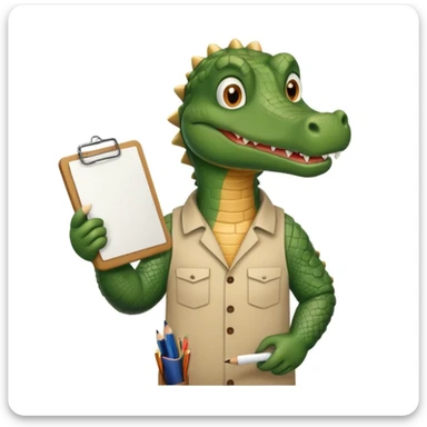 A gator with a clipboard and a pencil, offwhite background sticker