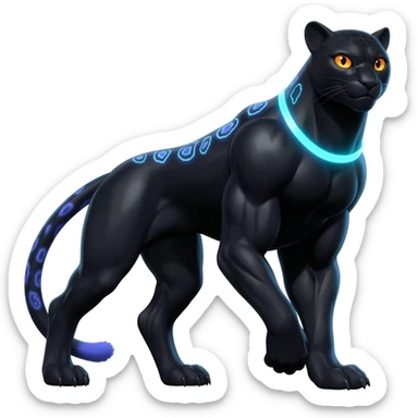 Realistic Obsidian-pitch-black fur body with neon-glowing-blue ring-markings Grem2-Gremz-serval-panther-Sergal-fusion, full body  sticker